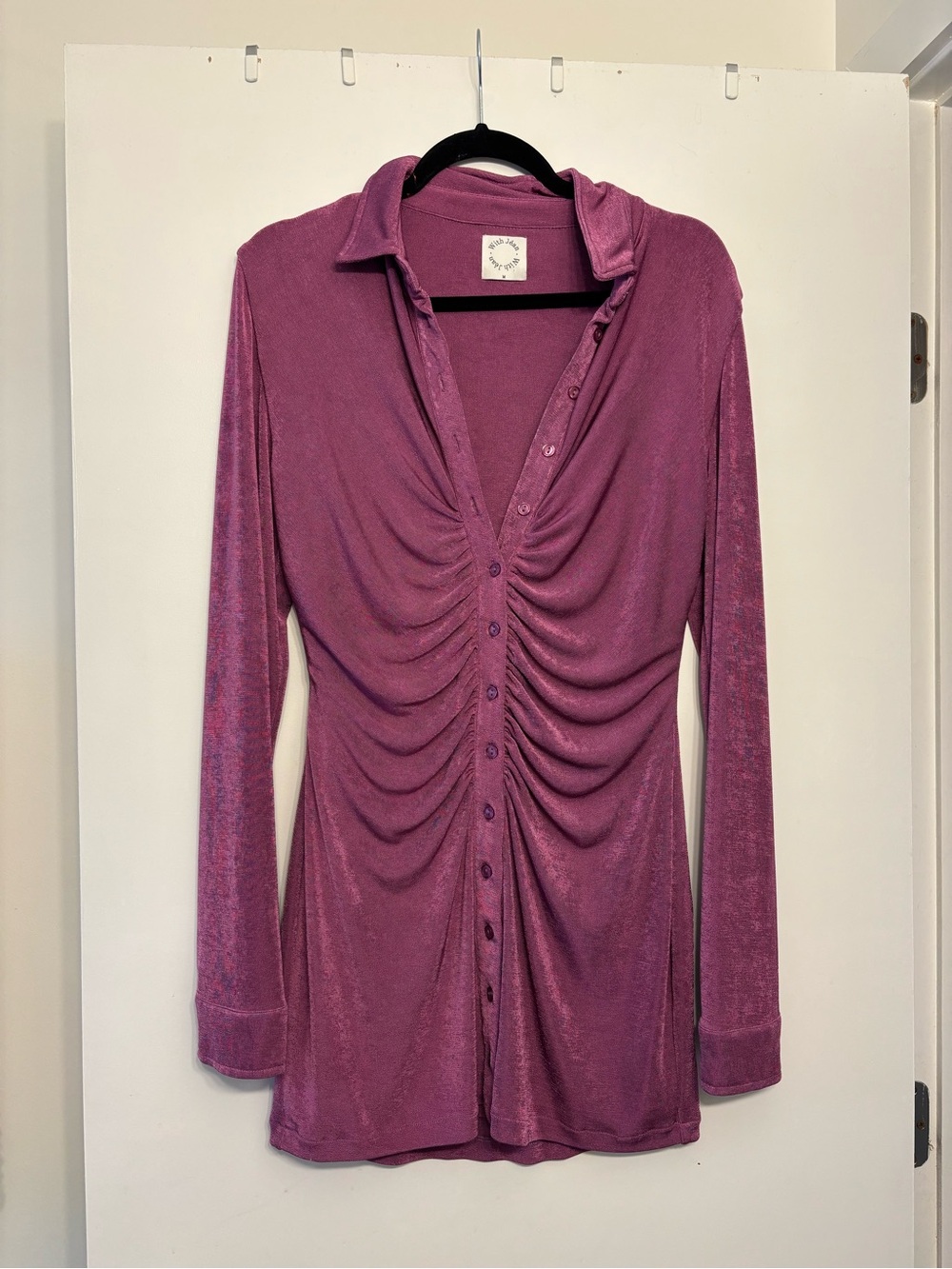 With Jean Ruched Button-Front Mini Dress - Magenta